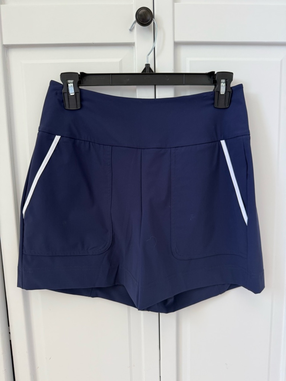 Women's Navy Athletic Shorts with White Trim and Wide Waistband